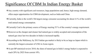 Significance Of CBM In Indian Energy Basket
Any country with significant coal resources, large populations and, hence, high energy demand,
offers major opportunities for CBM development, such as India and China
Currently, India is the world’s 5th largest energy consumer accounting for about 4.1% of the world’s
total annual energy consumption.
Currently Coal is the primary source of Energy meeting 55 % of the country’s energy requirement.
However as the cheaper and cleaner fuel natural gas is widely accepted and consumption of the
natural gas since last two decades in India is increased rapidly.
According to the McKinsey, by 2015 Indian gas market is likely to be as large as Japan which is
currently the largest consumer of LNG in Asian region.
As per BP statistical review 2010, the share of natural gas in India’s energy basket is expected to
reach 20% by 2025 from current 10%. 20
 