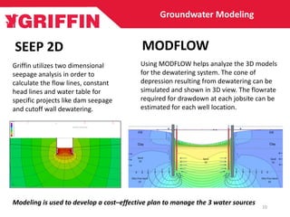 SEEP 2D
Griffin utilizes two dimensional
seepage analysis in order to
calculate the flow lines, constant
head lines and water table for
specific projects like dam seepage
and cutoff wall dewatering.
Using MODFLOW helps analyze the 3D models
for the dewatering system. The cone of
depression resulting from dewatering can be
simulated and shown in 3D view. The flowrate
required for drawdown at each jobsite can be
estimated for each well location.
MODFLOW
10
Modeling is used to develop a cost–effective plan to manage the 3 water sources
 
