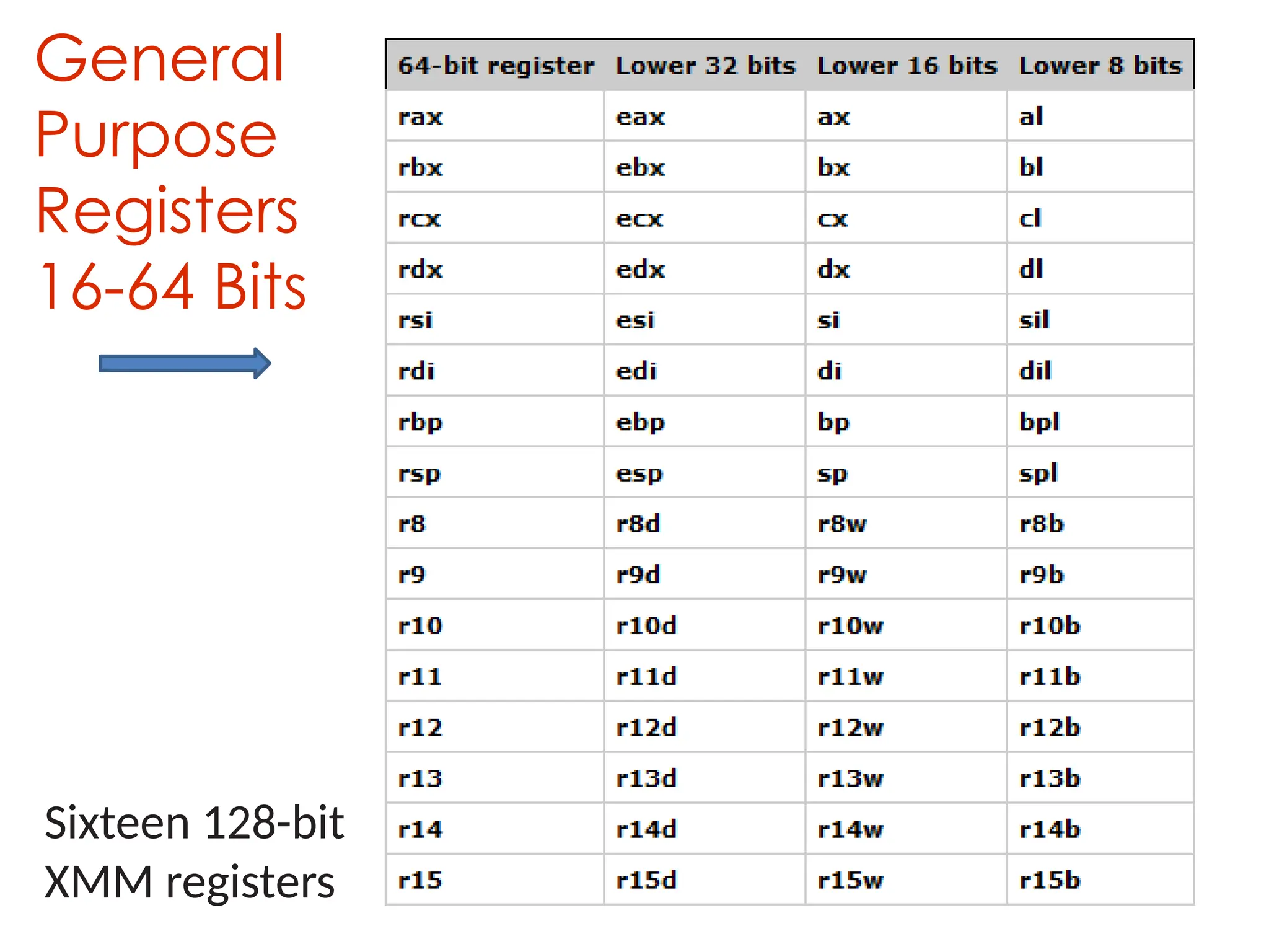 General
Purpose
Registers
16-64 Bits
Sixteen 128-bit
XMM registers
 