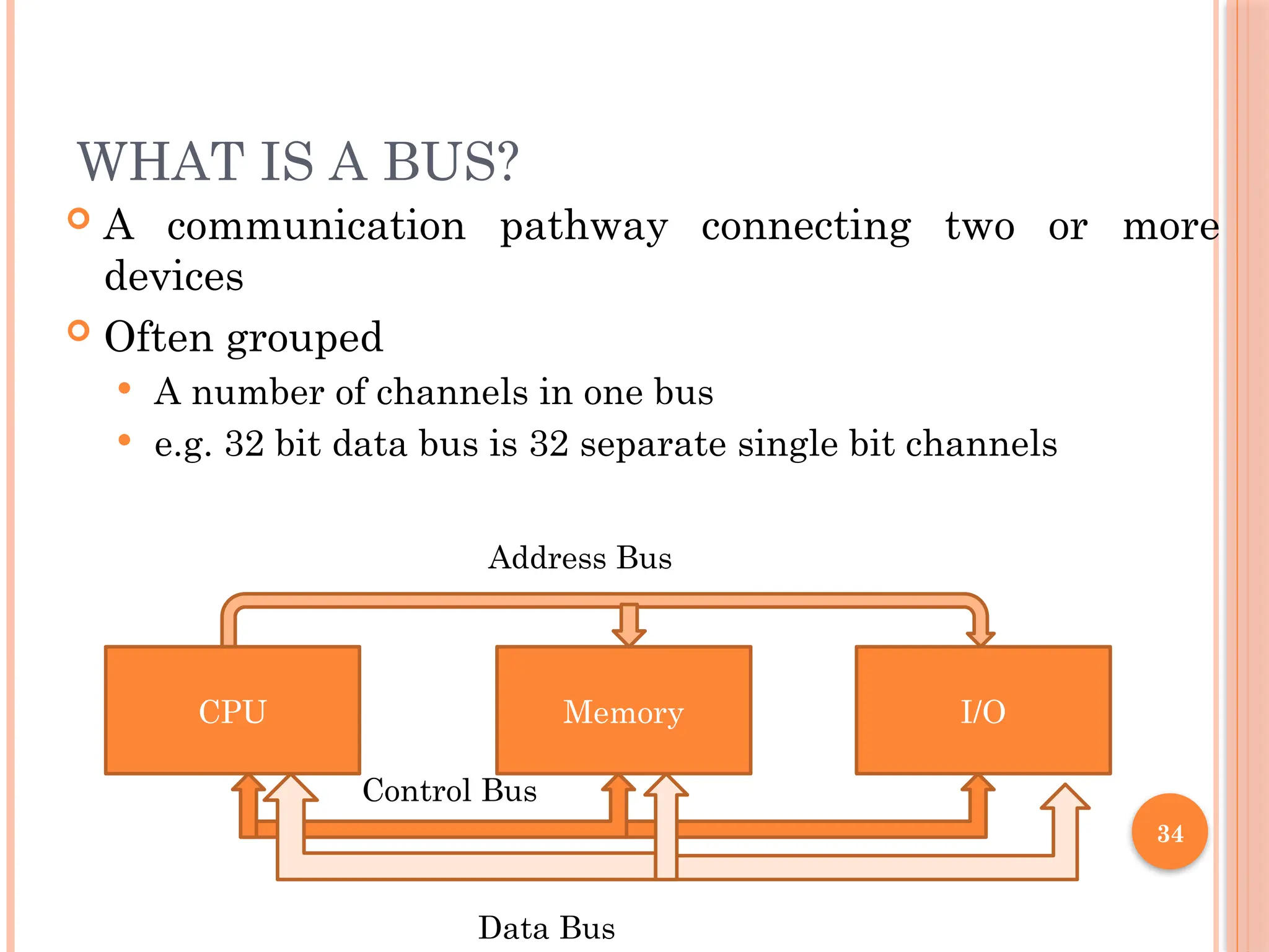 WHAT IS A BUS?
 A communication pathway connecting two or more
devices
 Often grouped
 A number of channels in one bus
 e.g. 32 bit data bus is 32 separate single bit channels
34
CPU Memory I/O
Address Bus
Control Bus
Data Bus
 