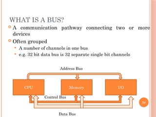WHAT IS A BUS?
 A communication pathway connecting two or more
devices
 Often grouped
 A number of channels in one bus
 e.g. 32 bit data bus is 32 separate single bit channels
34
CPU Memory I/O
Address Bus
Control Bus
Data Bus
 