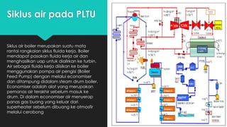 Siklus air pada PLTU
Siklus air boiler merupakan suatu mata
rantai rangkaian siklus fluida kerja. Boiler
mendapat pasokan fluida kerja air dan
menghasilkan uap untuk dialirkan ke turbin.
Air sebagai fluida kerja diisikan ke boiler
menggunakan pompa air pengisi (Boiler
Feed Pump) dengan melalui economiser
dan ditampung didalam steam drum boiler.
Economiser adalah alat yang merupakan
pemanas air terakhir sebelum masuk ke
drum. Di dalam economiser air menyerap
panas gas buang yang keluar dari
superheater sebelum dibuang ke atmosfir
melalui cerobong
 