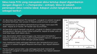 Siklus kerja PLTU yang merupakan siklus tertutup dapat digambarkan
dengan diagram T – s (Temperatur – entropi). Siklus ini adalah
penerapan siklus rankine ideal. Adapun urutan langkahnya adalah
sebagai berikut :
 Air dipompa dari tekanan P2 menjadi P1. Langkah ini adalah langkah
kompresi isentropis, dan proses ini terjadi pada pompa air pengisi.
 Air bertekanan ini dinaikkan temperaturnya hingga mencapai titik
didih. Terjadi di LP heater, HP heater dan Economiser. .
 Air berubah wujud menjadi uap jenuh. Langkah ini disebut vapourising
(penguapan) dengan proses isobar isothermis, terjadi di boiler yaitu di
wall tube (riser) dan steam drum..
 Uap dipanaskan lebih lanjut hingga uap mencapai temperatur
kerjanya menjadi uap panas lanjut (superheated vapour). Langkah ini
terjadi di superheater boiler dengan proses isobar.
 Uap melakukan kerja sehingga tekanan dan temperaturnya turun.
Langkah ini adalah langkah ekspansi isentropis, dan terjadi didalam
turbin.
 Pembuangan panas laten uap sehingga berubah menjadi air
kondensat. Langkah ini adalah isobar isothermis, dan terjadi didalam
kondensor.
 