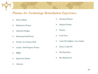 Plasma Arc Technology Remediation Experience
   Heavy Metals                       Chemical Wastes


   Radioactive Wastes                 Medical Wastes


   Industrial Sludges                 Plastics


   Municipal Solid Waste              Used Tires


   Electric Arc Furnace Dust          Coals (Hi Sulphur / Low Grade)


   Liquid / Solid Organic Wastes      Heavy Crude Oil


   PCB’s                              Bio Hazardous


   Spent Fuel (Rods)                  Bio-Radioactive


   Asbestos

                                                                         10
 