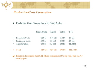 Production Costs Comparison


 Production Costs Comparable with Saudi Arabia


                         Saudi Arabia   Exxon      Valero    CTL

 Feedstock Costs             $2 bbl    $18 bbl    $65 bbl   $7 bbl
 Processing Costs            $7 bbl    $6 bbl     $5 bbl    $7 bbl
 Transportation              $4 bbl    $3 bbl     $0 bbl    $1.5 bbl

 Total                       $13 bbl   $27 bbl    $70 bbl   $15.5 bbl

 Return on Investment from CTL Plants is minimum 85% per year. This is a A+
  rated project.


                                                                               45
 