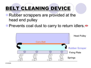 3/12/2020
BELT CLEANING DEVICE
Rubber scrappers are provided at the
head end pulley
Prevents coal dust to carry to return idlers.
Head Pulley
Rubber Scraper
Springs
Fixing Plate
Conv.Belt
 