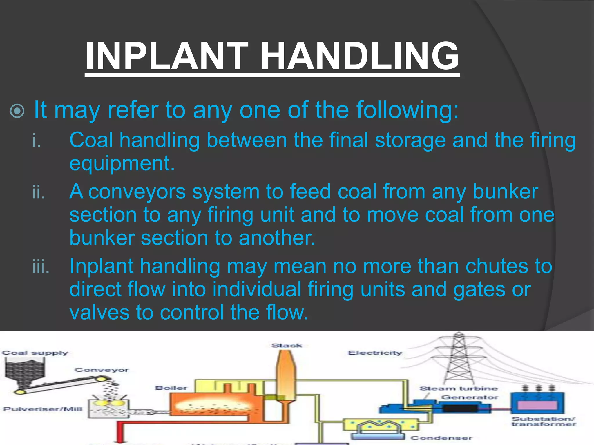 INPLANT HANDLING
   It may refer to any one of the following:
    i.   Coal handling between the final storage and the firing
         equipment.
    ii. A conveyors system to feed coal from any bunker
         section to any firing unit and to move coal from one
         bunker section to another.
    iii. Inplant handling may mean no more than chutes to
         direct flow into individual firing units and gates or
         valves to control the flow.
 