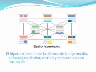 HipertextoHipertexto en informática, es el nombre que recibe el texto que en la pantalla de un dispositivo electrónico conduce a otro texto relacionado. La forma más habitual de hipertexto en informática es la de hipervínculos o referencias cruzadas automáticas que van a otros documentos (lexias). Si el usuario selecciona un hipervínculo el programa muestra el documento enlazado. Otra forma de hipertexto es el strechtext que consiste en dos indicadores o aceleradores y una pantalla. El primer indicador permite que lo escrito pueda moverse de arriba hacia abajo en la pantalla. Es importante mencionar que el hipertexto no esta limitado a datos textuales, podemos encontrar dibujos del elemento especificado, sonido o vídeo referido al tema. El programa que se usa para leer los documentos de hipertexto se llama “navegador”, el "browser", "visualizador" o "cliente" y cuando seguimos un enlace decimos que estamos navegando por la Web.