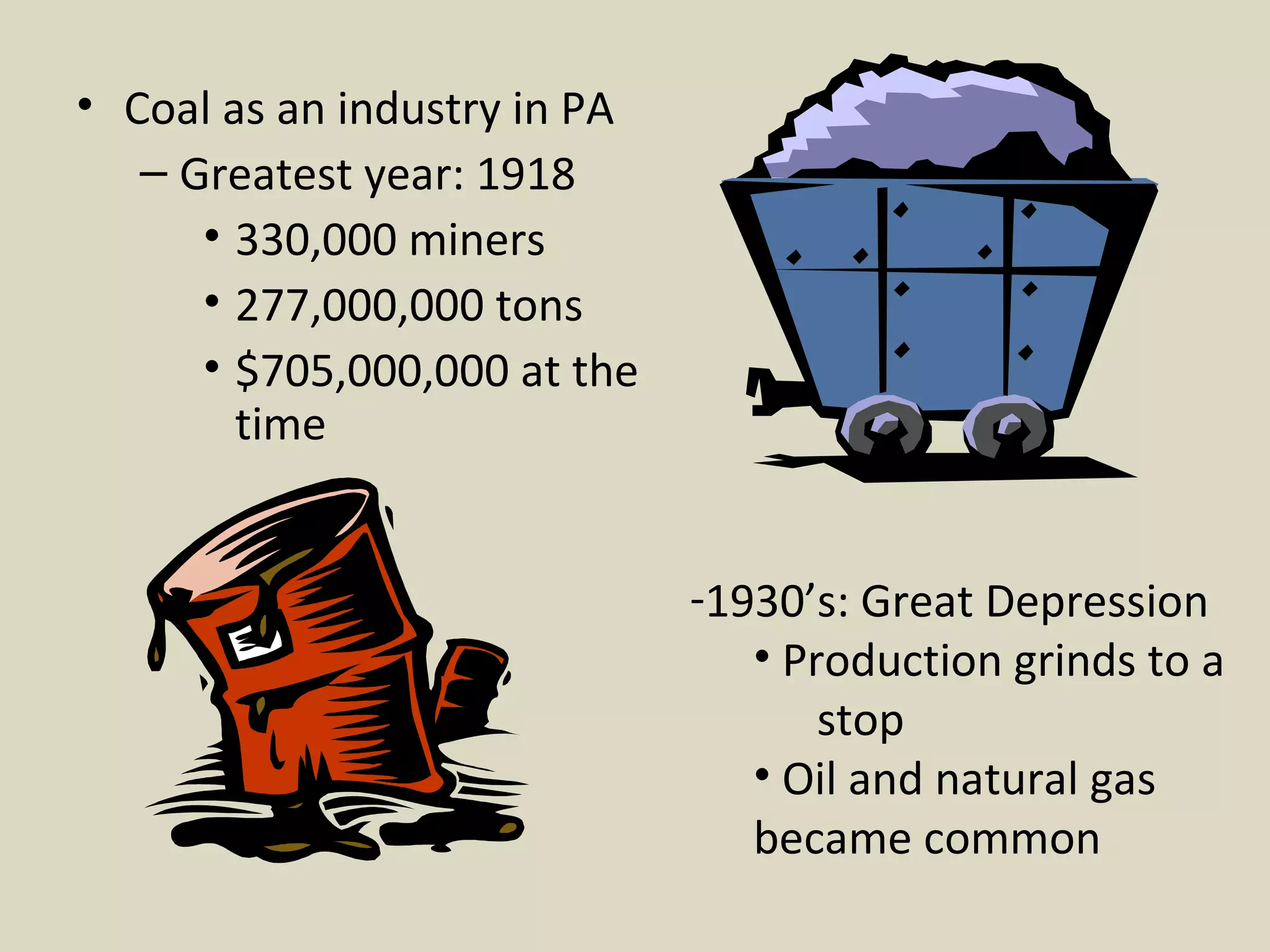 Coal as an industry in PA Greatest year: 1918 330,000 miners  277,000,000 tons $705,000,000 at the time 1930’s: Great Depression Production grinds to a  stop  Oil and natural gas  became common 