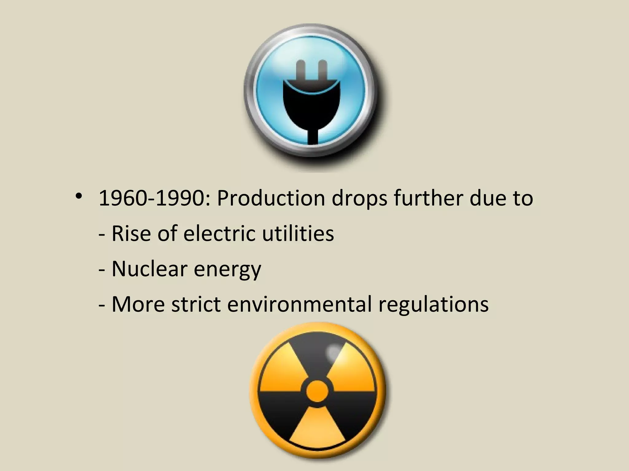 1960-1990: Production drops further due to - Rise of electric utilities - Nuclear energy - More strict environmental regulations  