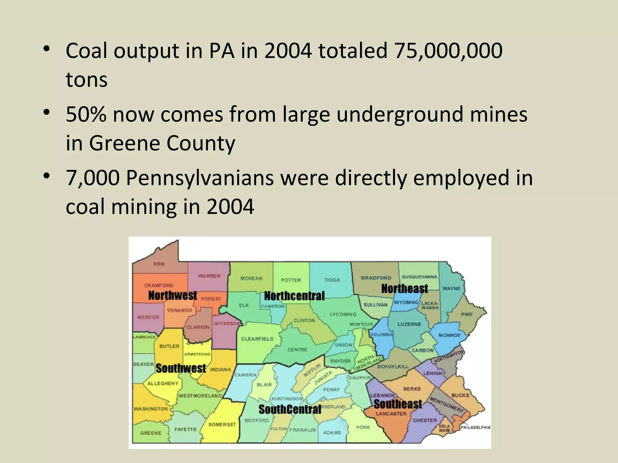 Coal output in PA in 2004 totaled 75,000,000 tons 50% now comes from large underground mines in Greene County 7,000 Pennsylvanians were directly employed in coal mining in 2004 