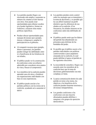  
● Los partidos pueden llegar a un 
electorado más amplio y aumentar su 
número de votantes al unir fuerzas 
con otros. Esto puede crear 
oportunidades para obtener escaños 
en el poder legislativo, formar un 
Gobierno y alcanzar otras metas 
políticas específicas. 
 
● Pueden ofrecer oportunidades para 
manejar divisiones (por ejemplo, 
étnicas y religiosas) y ampliar la 
participación en el gobierno.  
  
● Al compartir recursos (por ejemplo, 
dinero o personas), los partidos 
pueden mitigar las debilidades entre 
sí y beneficiarse de las fortalezas de 
sus aliados. 
 
● El público puede ver la construcción 
de coaliciones como un esfuerzo 
admirable por considerar otros puntos 
de vista y buscar el compromiso. 
 
● Los miembros de la coalición pueden 
aprender unos de otros y fortalecer 
sus organizaciones individuales con 
base en esas experiencias. 
 
● El público puede asociar a los 
partidos políticos con los éxitos de la 
coalición, ayudando así a aumentar el 
apoyo. 
 
 
● Los partidos pierden cierto control 
sobre los mensajes que se transmiten y 
la toma de decisiones, y es posible que 
les sea difícil mantener un perfil 
distintivo que los diferencie de sus 
aliados en la coalición. (Con 
frecuencia, los aliados menores en las 
coaliciones salen más debilitados de 
estas). 
 
● El público puede sentir que los líderes 
del partido han abandonado sus 
principios para disfrutar de las 
bondades del poder.  
 
● Es posible que el público asocie a los 
partidos individuales con políticas 
controversiales o poco populares 
emanadas de la coalición, lo cual 
puede debilitar el apoyo al partido en 
las siguientes elecciones. 
 
● La necesidad de consultar y llegar a un 
acuerdo entre los miembros de la 
coalición hace que la toma de 
decisiones gubernamentales sea más 
compleja y/o lenta. 
 
● La poca comunicación dentro de cada 
partido en torno a las metas, los 
objetivos y los beneficios de la 
coalición pueden fomentar tensiones y 
divisiones intrapartidistas.  
 
● Las grandes coaliciones o las 
coaliciones con una mayoría 
abrumadora pueden debilitar o 
marginar a los grupos de oposición 
democráticos. 
 
18 
 
 
