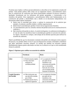 El primer paso implica verificar qué procedimientos se describen en los reglamentos actuales del                           
partido. Cada partido político debe contar con un reglamento interno y procedimientos claros                         
para la construcción de coaliciones que fueron desarrollados mediante un proceso consultivo,                       
aprobados formalmente por las estructuras del partido apropiadas, y comunicados a los                       
miembros del partido. Estos reglamentos y procedimientos deben estar fundamentados en la                       
constitución del partido y desarrollados más a detalle en un documento independiente. Los                         
documentos deben indicar claramente: 
o Quién tiene la autoridad para iniciar o explorar la construcción de la coalición (por                           
ejemplo, al contactar a posibles aliados o celebrar negociaciones); 
o Quién tiene la autoridad para aprobar el inicio de las negociaciones formales; 
o Los procedimientos para las consultas internas del partido acerca de la construcción de la                           
coalición; y 
o Qué estructura del partido (es decir, el comité de dirigentes, la conferencia de delegados o                             
el voto de todos los miembros) tiene la autoridad para aprobar el convenio de coalición.                             
(La figura 3 describe las ventajas y desventajas de las distintas opciones para ratificar los                             
acuerdos de coalición). 
 
Dada la posibilidad de que los documentos existentes del partido solo abarquen ciertos aspectos                           
del proceso, los partidos deben revisar lo que las disposiciones actuales contemplan e identificar                           
qué datos adicionales necesitan aclararse. Es posible que también sea necesario explicar                       
detalladamente algunos puntos adicionales con base en el contexto en el que se está considerando                             
formar la coalición.  
 
Figura 3: Opciones para ratificar un acuerdo de coalición 
 
  Fortalezas  Retos 
Líder  ● Relativamente rápido. 
● Hace más fácil 
mantener la 
confidencialidad. 
● La aceptación limitada 
por parte de los 
miembros o las 
estructuras del partido 
que se encuentran 
fuera de este círculo 
con el tiempo puede 
fomentar la desunión.  
Comité Ejecutivo 
del Partido 
● Más incluyente que 
una decisión tomada 
por el líder. 
● Relativamente fácil y 
rápido de organizar. 
● La aceptación limitada 
por parte de los 
miembros o las 
estructuras del partido 
que se encuentran 
27 
 
 