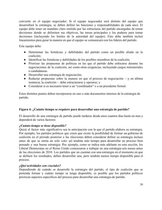 convierte en el equipo negociador. Si el equipo negociador será distinto del equipo que                           
desarrollará la estrategia, se deben definir las funciones y responsabilidades de cada uno). El                           
equipo debe tener un mandato claro emitido por las estructuras del partido encargadas de tomar                             
decisiones donde se delimiten sus objetivos, las tareas principales y los poderes para tomar                           
decisiones (incluyendo los límites de la autoridad del equipo). Esto debe también incluir                         
lineamientos para guiar la manera en que el equipo se comunicará con los líderes del partido.  
Este equipo debe: 
● Determinar las fortalezas y debilidades del partido como un posible aliado en la                         
coalición; 
● Identificar las fortalezas y debilidades de los posibles miembros de la coalición; 
● Priorizar las propuestas de políticas en las que el partido debe enfocarse durante las                           
negociaciones de la coalición, así como otras exigencias, incluyendo cargos ministeriales                     
o candidaturas. 
● Desarrollar una estrategia de negociación;  
● Redactar propuestas sobre la manera en que el proceso de negociación —y en última                           
instancia, la coalición— debe estructurarse y operarse; y 
● Considerar si es necesario tener a un “coordinador” o a un presidente formal. 
 
Estos distintos puntos deben incorporarse en uno o más documentos internos de la estrategia de 
partido.  
 
Figura 4: ¿Cuánto tiempo se requiere para desarrollar una estrategia de partido? 
El desarrollo de una estrategia de partido puede tardarse desde unos cuantos días hasta un mes y                                 
dependerá de varios factores:  
¿Cuánto tiempo se tiene disponible? 
Quizá el factor más significativo sea la anticipación con la que el partido elabora su estrategia.                               
Por ejemplo, los partidos políticos que creen que existe la posibilidad de formar un gobierno de                               
coalición en el periodo posterior a las elecciones deben considerar definir su estrategia incluso                           
antes de que se emita un solo voto: así tendrán más tiempo para desarrollar un proceso bien                                 
pensado y una buena estrategia. Por ejemplo, como se indica más adelante en esta sección, los                               
Liberal Demócratas en el Reino Unido comenzaron a trabajar en una estrategia seis meses antes                             
de las elecciones de 2010. Los partidos que no cuentan con una estrategia en el momento en que                                   
se definen los resultados, deben desarrollar una, pero tendrán menos tiempo disponible para el                           
proceso.  
¿Qué actividades son cruciales?  
Dependiendo de cuándo se desarrolle la estrategia del partido, el tipo de coalición que se                             
pretenda formar y cuánto tiempo se tenga disponible, es posible que los partidos políticos                           
prioricen aspectos específicos del proceso para desarrollar una estrategia de partido. 
30 
 
 