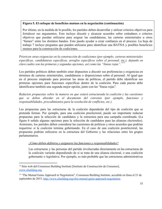  
Prioricen otras exigencias en la construcción de coaliciones (por ejemplo, carteras ministeriales                       
específicas, candidaturas específicas, arreglos específicos sobre el personal, etc.), dejando en                     
claro cuáles son las primeras y segundas opciones, así como las “líneas rojas”.  
1415
 
Los partidos políticos deben también estar dispuestos a discutir sus preferencias y exigencias en                           
términos de carteras ministeriales, candidaturas o disposiciones sobre el personal. Al igual que                         
en el proceso empleado para priorizar las áreas de políticas, el partido debe identificar sus                             
primeras opciones para funciones específicas dentro de la coalición. Para cada puesto debe                         
identificarse también una segunda mejor opción, junto con las “líneas rojas”. 
 
Redacten propuestas sobre la manera en que estará estructurada la coalición y las cuestiones                           
que se deben abordar en el documento del convenio (por ejemplo, funciones y                         
responsabilidades, procedimientos para la resolución de conflictos, etc.). 
 
Las propuestas para las estructuras de la coalición dependerán del tipo de coalición que se                             
pretenda formar. Por ejemplo, para una coalición preelectoral, puede ser importante redactar                       
propuestas para la selección de candidatos y la estructura para una campaña coordinada. (La                           
figura 6 señala algunas opciones para la selección de candidatos para las alianzas electorales).                           
Asimismo, los partidos deben considerar las cuestiones de políticas y otros acuerdos que podrían                           
requerirse si la coalición termina gobernando. En el caso de una coalición postelectoral, las                           
propuestas podrían enfocarse en la estructura del Gobierno y las relaciones entre los grupos                           
parlamentarios. 
  
¿Cómo deben definirse y asignarse las funciones y responsabilidades? 
Las estructuras y las personas del partido involucradas directamente en las estructuras de                         
la coalición variarán dependiendo de si se trata de una alianza electoral, o una coalición                             
gobernante o legislativa. Por ejemplo, es más probable que las estructuras administrativas                       
14
 Sitio web del Consensus Building Institute [Instituto de Construcción de Consenso], 
www.cbuilding.org​. 
15
 “The Mutual Gains Approach to Negotiation”, Consensus Building Institute, accedido en línea el 21 de 
septiembre de 2015, ​http://www.cbuilding.org/cbis­mutual­gains­approach­negotiation​. 
35 
 
 