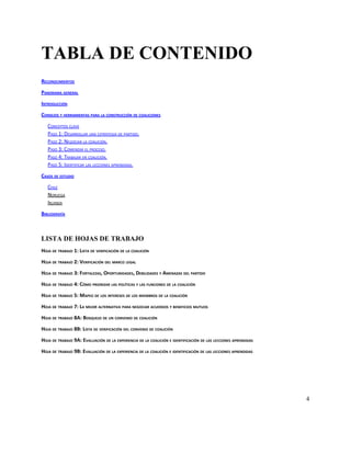 TABLA DE CONTENIDO 
 
RECONOCIMIENTOS  
PANORAMA GENERAL  
INTRODUCCIÓN  
CONSEJOS Y HERRAMIENTAS PARA LA CONSTRUCCIÓN DE COALICIONES  
CONCEPTOS CLAVE  
PASO 1: DESARROLLAR UNA ESTRATEGIA DE PARTIDO.  
PASO 2: NEGOCIAR LA COALICIÓN.  
PASO 3: COMENZAR EL PROCESO.  
PASO 4: TRABAJAR EN COALICIÓN.  
PASO 5: IDENTIFICAR LAS LECCIONES APRENDIDAS.  
CASOS DE ESTUDIO  
CHILE  
NORUEGA  
IRLANDA  
BIBLIOGRAFÍA  
 
LISTA DE HOJAS DE TRABAJO 
HOJA DE TRABAJO 1: LISTA DE VERIFICACIÓN DE LA COALICIÓN  
HOJA DE TRABAJO 2: VERIFICACIÓN DEL MARCO LEGAL  
HOJA DE TRABAJO 3: FORTALEZAS, OPORTUNIDADES, DEBILIDADES Y AMENAZAS DEL PARTIDO  
HOJA DE TRABAJO 4: CÓMO PRIORIZAR LAS POLÍTICAS Y LAS FUNCIONES DE LA COALICIÓN  
HOJA DE TRABAJO 5: MAPEO DE LOS INTERESES DE LOS MIEMBROS DE LA COALICIÓN  
HOJA DE TRABAJO 7: LA MEJOR ALTERNATIVA PARA NEGOCIAR ACUERDOS Y BENEFICIOS MUTUOS  
HOJA DE TRABAJO 8A: BOSQUEJO DE UN CONVENIO DE COALICIÓN  
HOJA DE TRABAJO 8B: LISTA DE VERIFICACIÓN DEL CONVENIO DE COALICIÓN  
HOJA DE TRABAJO 9A: EVALUACIÓN DE LA EXPERIENCIA DE LA COALICIÓN E IDENTIFICACIÓN DE LAS LECCIONES APRENDIDAS  
HOJA DE TRABAJO 9B: EVALUACIÓN DE LA EXPERIENCIA DE LA COALICIÓN E IDENTIFICACIÓN DE LAS LECCIONES APRENDIDAS  
   
4 
 
 