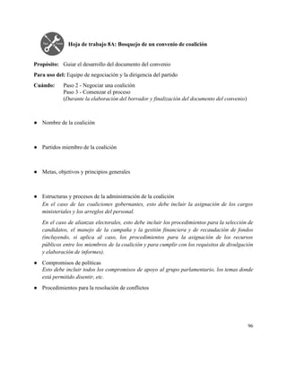  
Hoja de trabajo 8A: Bosquejo de un convenio de coalición 
 
 
Propósito:  Guiar el desarrollo del documento del convenio 
Para uso del: ​Equipo de negociación y la dirigencia del partido 
Cuándo:  Paso 2 ­ Negociar una coalición 
Paso 3 ­ Comenzar el proceso 
(​Durante la elaboración del borrador y finalización del documento del convenio) 
 
 
● Nombre de la coalición 
 
● Partidos miembro de la coalición 
 
● Metas, objetivos y principios generales 
 
● Estructuras y procesos de la administración de la coalición 
En el caso de las coaliciones gobernantes, esto debe incluir la asignación de los cargos                             
ministeriales y los arreglos del personal. 
En el caso de alianzas electorales, esto debe incluir los procedimientos para la selección de                             
candidatos, el manejo de la campaña y la gestión financiera y de recaudación de fondos                             
(incluyendo, si aplica al caso, los procedimientos para la asignación de los recursos                         
públicos entre los miembros de la coalición y para cumplir con los requisitos de divulgación                             
y elaboración de informes). 
● Compromisos de políticas 
Esto debe incluir todos los compromisos de apoyo al grupo parlamentario, los temas donde                           
está permitido disentir, etc. 
● Procedimientos para la resolución de conflictos 
 
96 
 
 