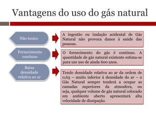 Vantagens do uso do gás natural

                  A ingestão ou inalação acidental de Gás
 Não toxico       Natural não provoca danos à saúde das
                  pessoas.

 Fornecimento     O fornecimento do gás é continuo. A
   continuo       quantidade de gás natural existente estima-se
                  para um uso de ainda 600 anos.
     Baixa
  densidade       Tendo densidade relativa ao ar da ordem de
 relativa ao ar   0,63 – muito inferior à densidade do ar – o
                  Gás Natural sempre tenderá a ocupar as
                  camadas superiores da atmosfera, ou
                  seja, qualquer volume de gás natural colocado
                  em ambiente aberto apresentará alta
                  velocidade de dissipação.
 