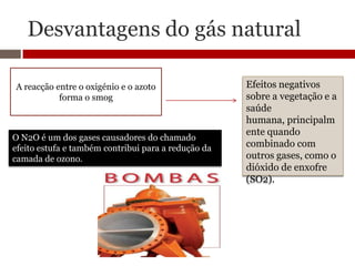 Desvantagens do gás natural

A reacção entre o oxigénio e o azoto                 Efeitos negativos
           forma o smog                              sobre a vegetação e a
                                                     saúde
                                                     humana, principalm
                                                     ente quando
O N2O é um dos gases causadores do chamado
efeito estufa e também contribui para a redução da   combinado com
camada de ozono.                                     outros gases, como o
                                                     dióxido de enxofre
                                                     (SO2).
 