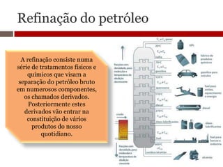 Refinação do petróleo

  A refinação consiste numa
série de tratamentos físicos e
    químicos que visam a
 separação do petróleo bruto
em numerosos componentes,
   os chamados derivados.
     Posteriormente estes
   derivados vão entrar na
    constituição de vários
      produtos do nosso
          quotidiano.
 