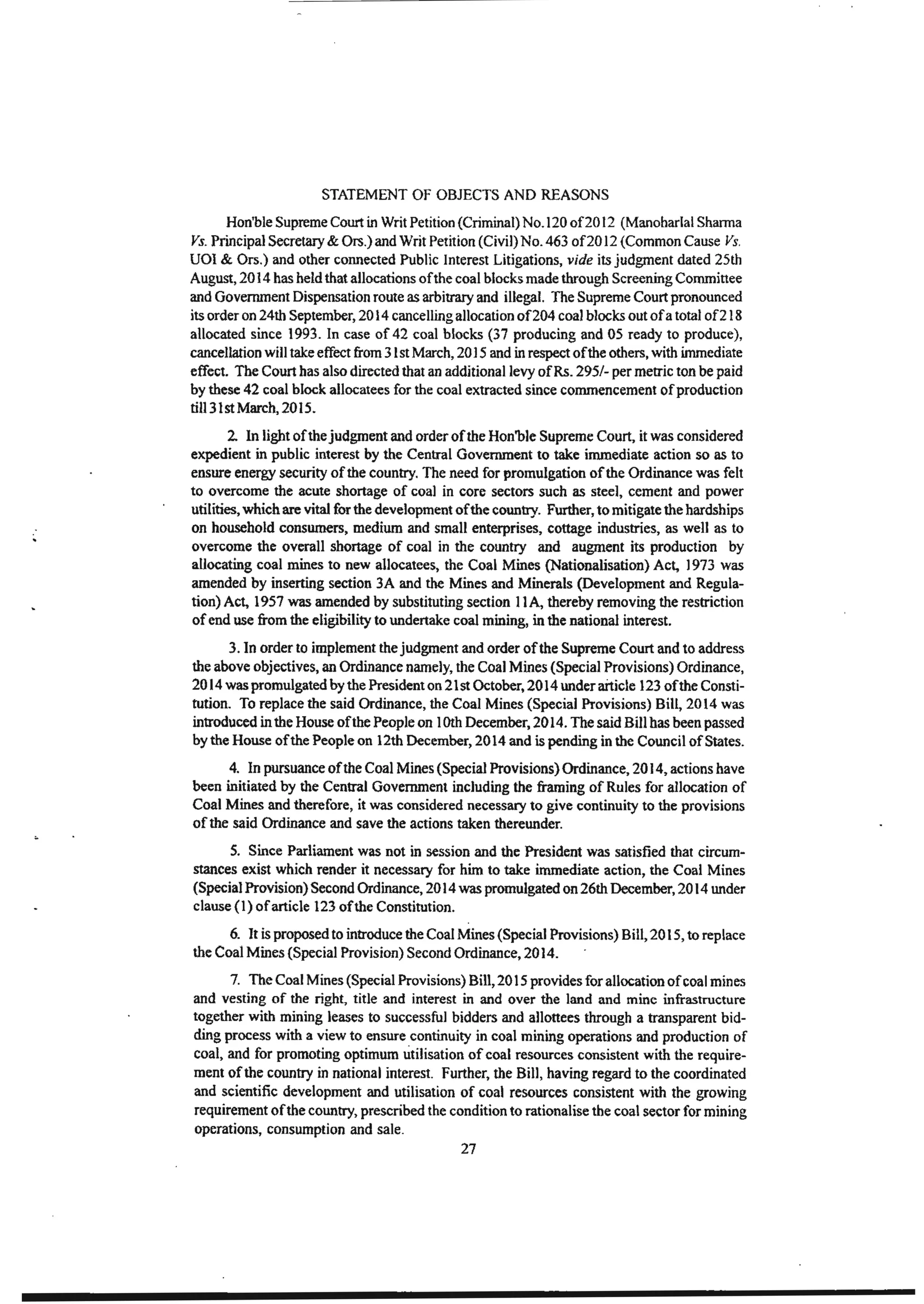 Coal mines bill, 2015, India