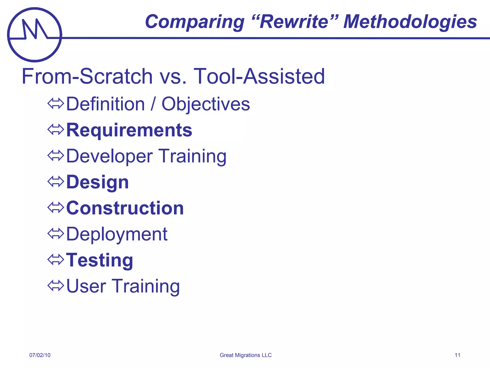Comparing “Rewrite” Methodologies From-Scratch vs. Tool-Assisted Definition / Objectives Requirements Developer Training Design Construction Deployment Testing User Training 