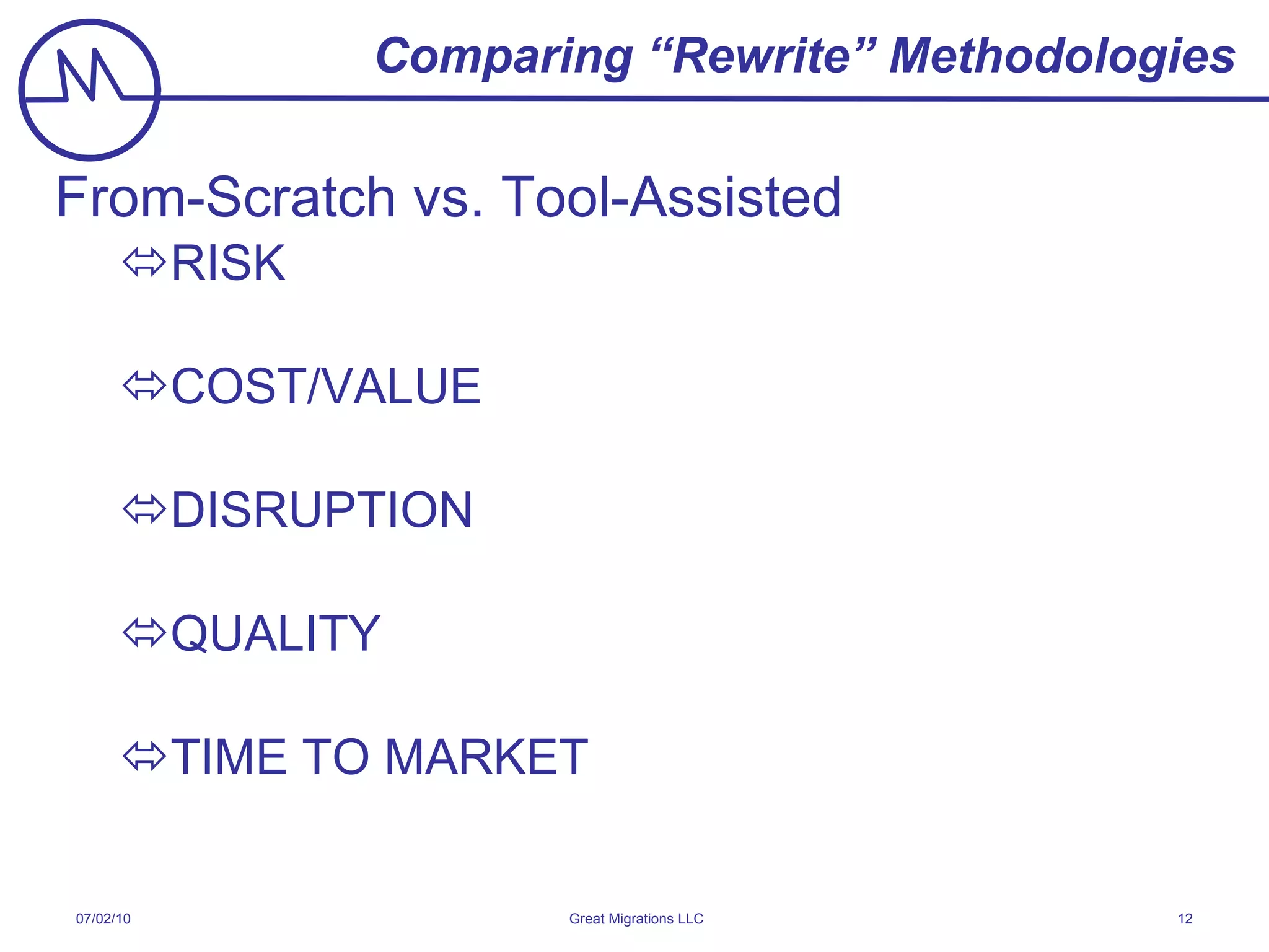 Comparing “Rewrite” Methodologies From-Scratch vs. Tool-Assisted RISK COST/VALUE DISRUPTION QUALITY TIME TO MARKET 