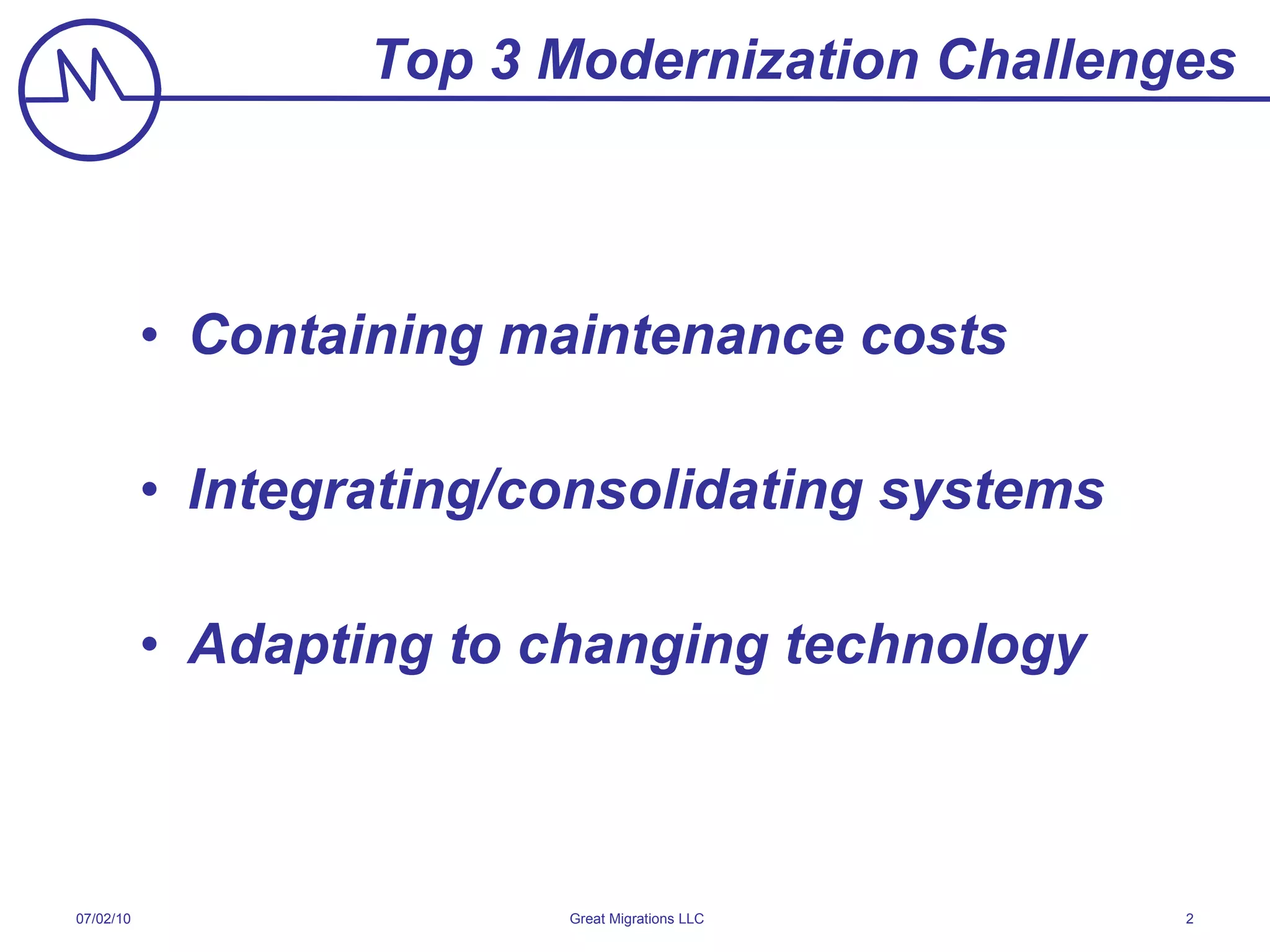 Top 3 Modernization Challenges Containing maintenance costs Integrating/consolidating systems Adapting to changing technology 