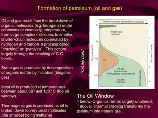 Oil and gas result from the breakdown of
organic molecules (e.g. kerogens) under
conditions of increasing temperature,
from large complex molecules to smaller,
shorter-chain molecules dominated by
hydrogen and carbon: a process called
“cracking” or “pyrolysis”. This occurs
largely through the breaking of C-C
bonds.
Some gas is produced by decomposition
of organic matter by microbes (biogenic
gas)
Most oil is produced at temperatures
between about 60O and 120O C (the oil
window).
Thermogenic gas is produced as oil is
broken down to very small molecules
(the smallest being methane)

“Oil window”

Formation of petroleum (oil and gas)

The Oil Window
T below: Organics remain largely unaltered.
T above: Thermal cracking transforms the
petoleum into natural gas.

 