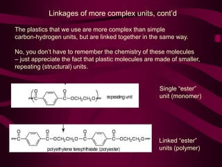 Linkages of more complex units, cont’d
The plastics that we use are more complex than simple
carbon-hydrogen units, but are linked together in the same way.
No, you don’t have to remember the chemistry of these molecules
– just appreciate the fact that plastic molecules are made of smaller,
repeating (structural) units.
Single “ester”
unit (monomer)
Linked “ester”
units (polymer)
 