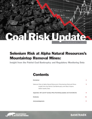 F E B R U A R Y , 2 0 1 3
Coal RiskUpdate
Disclaimer
Selenium Risk at Alpha Natural Resources’s Mountaintop Removal Mines:
	 Insight from the Patriot Coal Bankruptcy and West Virginia
	 Water Quality Data
Appendix: WV and KY Surface Mine Permitting Update (4/1/12-9/30/12)
Endnotes
Acknowledgments
2
3
9
10
11
Contents
Selenium Risk at Alpha Natural Resources’s
Mountaintop Removal Mines:
Insight from the Patriot Coal Bankruptcy and Regulatory Monitoring Data
 