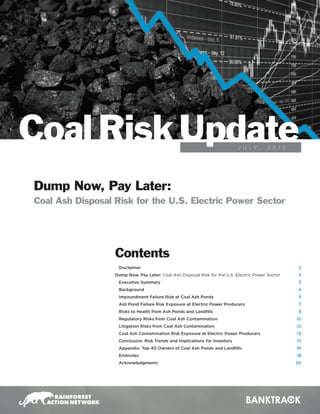 J U L Y , 2 0 1 3
Coal RiskUpdate
Disclaimer
Dump Now, Pay Later: Coal Ash Disposal Risk for the U.S. Electric Power Sector
Executive Summary
Background
Impoundment Failure Risk at Coal Ash Ponds
Ash Pond Failure Risk Exposure at Electric Power Producers
Risks to Health from Ash Ponds and Landfills
Regulatory Risks from Coal Ash Contamination
Litigation Risks from Coal Ash Contamination
Coal Ash Contamination Risk Exposure at Electric Power Producers
Conclusion: Risk Trends and Implications for Investors
Appendix: Top 40 Owners of Coal Ash Ponds and Landfills
Endnotes
Acknowledgments
2
3
3
4
5
7
8
10
12
13
15
16
18
20
Contents
Dump Now, Pay Later:
Coal Ash Disposal Risk for the U.S. Electric Power Sector
 