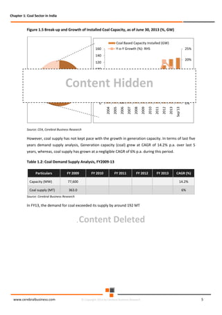 Chapter 1: Coal Sector in India

Figure 1.5 Break-up and Growth of Installed Coal Capacity, as of June 30, 2013 (%, GW)
Coal Based Capacity Installed (GW)
Y-o-Y Growth (%)- RHS

160

25%

140

20%

120
100

15%

80

Content Hidden

10%

60
40

5%

20

0%
Sep'13

2013

2012

2011

2010

2009

2008

2007

2006

2005

0
2004

Diesel
1%

Coal
59%

Source: CEA, Cerebral Business Research

However, coal supply has not kept pace with the growth in generation capacity. In terms of last five
years demand supply analysis, Generation capacity (coal) grew at CAGR of 14.2% p.a. over last 5
years, whereas, coal supply has grown at a negligible CAGR of 6% p.a. during this period.
Table 1.2: Coal Demand Supply Analysis, FY2009-13
Particulars

FY 2009

FY 2010

FY 2011

FY 2012

FY 2013

CAGR (%)

Capacity (MW)

77,600

14.2%

Coal supply (MT)

363.0

6%

Source: Cerebral Business Research

In FY13, the demand for coal exceeded its supply by around 192 MT

.

www.cerebralbusiness.com

Content Deleted

© Copyright 2014 by Cerebral Business Research

5

 
