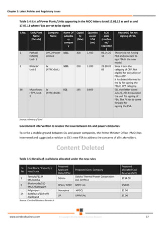 Chapter 3: Latest Policies and Regulatory Issues

Table 3.4: List of Power Plants/Units appearing in the MOC letters dated 17.02.12 as well as and
17.07.13 where FSAs are yet to be signed
S.No.

Unit/Plant
Name
(Details)

Company
Name

Name Of
subsidia
ry
compan
y

Capaci
ty
(Mw)

Quantity
as per
LOA
(mt)

1

Pathadi
(UNCO)
Unit- 1

UNCO Power
Limited

SECL

300

1.450

2

Bhilai JV
Unit-1

JV
(NTPC+SAIL)

SECL

250

1.200

38

Muzaffarpu
r TPP, Unit2

JV
(NTPC+BSEB)

ECL

195

COD
date
(confirm
ed/
Expected
)
09.04.20
10

0.609

21.10.20
09

Reason(s) for not
signing of FSA

The unit is not having
PPA and reluctant to
sign FSA in the new
model.
Since it is in the
category of CPP, Not
eligible for execution of
FSA as IPP.
It has been informed to
the JV for signing the
FSA in CPP category.
ECL vide letter dated
July 26, 2013 requested
the unit for signing of
FSA. The JV has to come
forward for
signing the FSA.

Source: Minstry of Coal

Government intervention to resolve the issue between CIL and power companies
To strike a middle ground between CIL and power companies, the Prime Minister Office (PMO) has
intervened and suggested a revision to CIL’s new FSA to address the concerns of all stakeholders.

Content Deleted
Table 3.5: Details of coal blocks allocated under the new rules
Sl.
No
1
2
14

Coal Block / Capacity /
Host State
Tentuloi/1234
MT/Odisha
Bhalumuda/550
MT/Chhattisgarh
KalyanpurBadalpara/102 MT/
Jharkhand

Proposed
Applicant
State/CPSU

Proposed Govt. Company

Proposed
allocated Coal
Reserves(MT)

Odisha

Odisha Thermal Power Corporation
Ltd. (OTPCL)

1234.00

CPSU / NTPC

NTPC Ltd.

550.00

Harayana

HPGCL

51.00

UP

UPRVUNL

51.00

Source: Cerebral Business Research

www.cerebralbusiness.com

© Copyright 2014 by Cerebral Business Research

17

 
