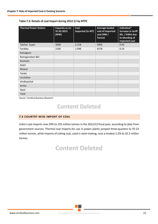 Chapter 7: Role of Imported Coal in Existing Scenario

Table 7.3: Details of coal import during 2012-13 by NTPC
Thermal Power Station

Capacity as on
31.03.2013
(MW)

Coal
imported (in MT)

Average landed
cost of imported
coal (INR /
Tonne)

Talcher Super

3000

2.218

5905

Indicative*
Increase in tariff
(Rs. / kWh) due
to blending of
imported coal
0.45

Farakka

2100

1.048

6578

0.19

Kahalgaon
Ramagundam I&II
Simhadri
Dadri
Rihand
Tanda
Unchahar
Vindhyachal
Korba
Sipat
Total
Source: Cerebral Business Research

Content Deleted
7.6 COUNTRY WISE IMPORT OF COAL
India's coal imports rose 29% to 135 million tonnes in the 2012/13 fiscal year, according to data from
government sources. Thermal coal imports for use in power plants jumped three-quarters to 97.23
million tonnes, while imports of coking coal, used in steel-making, rose a modest 1.2% to 32.2 million
tonnes.

Content Deleted

www.cerebralbusiness.com

© Copyright 2014 by Cerebral Business Research

23

 