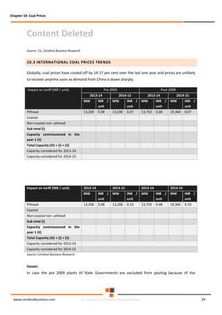 Chapter 10: Coal Prices

Content Deleted
Source: CIL, Cerebral Business Research

10.3 INTERNATIONAL COAL PRICES TRENDS
Globally, coal prices have cooled off by 14-17 per cent over the last one year and prices are unlikely
to recover anytime soon as demand from China is down sharply.
Impact on tariff (INR / unit)

Pre 2009
2013-14

Post 2009
2014-15

2013-14

2014-15

MW
Pithead

INR /
unit

MW

INR /
unit

MW

INR /
unit

MW

INR /
unit

13,200

0.08

13,200

0.07

13,750

0.08

19,360

0.07

Coastal
Non-coastal non- pithead
Sub total (i)
Capacity commissioned in the
year 1 (ii)
Total Capacity (iii) = (i) + (ii)
Capacity considered for 2013-14
Capacity considered for 2014-15

Impact on tariff (INR / unit)

2013-14

2014-15

2013-14

2014-15

MW
Pithead

INR /
unit

MW

INR /
unit

MW

INR /
unit

MW

INR /
unit

13,200

0.08

13,200

0.10

13,750

0.08

19,360

0.10

Coastal
Non-coastal non- pithead
Sub total (i)
Capacity commissioned in the
year 1 (ii)
Total Capacity (iii) = (i) + (ii)
Capacity considered for 2013-14
Capacity considered for 2014-15
Source: Cerebral Business Research

Issues:
In case the pre 2009 plants of State Governments are excluded from pooling because of the

www.cerebralbusiness.com

© Copyright 2014 by Cerebral Business Research

29

 