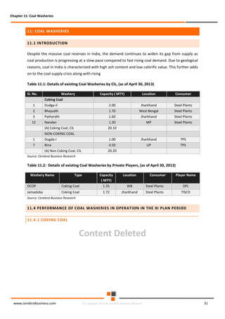 Chapter 11: Coal Washeries

11: COAL WASHERIES
11.1 INTRODUCTION
Despite the massive coal reserves in India, the demand continues to widen its gap from supply as
coal production is progressing at a slow pace compared to fast rising coal demand. Due to geological
reasons, coal in India is characterized with high ash content and low calorific value. This further adds
on to the coal supply crisis along with rising
Table 11.1: Details of existing Coal Washeries by CIL, (as of April 30, 2013)
SI. No.

Washery

Capacity ( MTY)

Location

Consumer

Coking Coal
1

Dudga-II

2.00

Jharkhand

Steel Plants

2

Bhojudih

1.70

West Bengal

Steel Plants

3

Patherdih

1.60

Jharkhand

Steel Plants

12

Nandan

1.20

MP

Steel Plants

(A) Coking Coal, CIL

20.10

NON-COKING COAL
1

Dugda-I

1.00

Jharkhand

TPS

7

Bina

4.50

UP

TPS

(A) Non Coking Coal, CIL

20.20

Source: Cerebral Business Research

Table 11.2: Details of existing Coal Washeries by Private Players, (as of April 30, 2013)
Washery Name

Type

Capacity
( MTY)

Location

Consumer

Player Name

DCOP

Coking Coal

1.35

WB

Steel Plants

DPL

Jamadoba

Coking Coal

1.72

Jharkhand

Steel Plants

TISCO

Source: Cerebral Business Research

11.4 PERFORMANCE OF COAL WASHERIES IN OPERATION IN THE XI PLAN PERIOD
11.4.1 COKING COAL

Content Deleted

www.cerebralbusiness.com

© Copyright 2014 by Cerebral Business Research

31

 