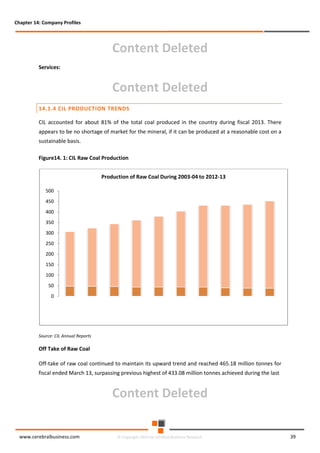 Chapter 14: Company Profiles

Content Deleted
Services:

Content Deleted
14.1.4 CIL PRODUCTION TRENDS
CIL accounted for about 81% of the total coal produced in the country during fiscal 2013. There
appears to be no shortage of market for the mineral, if it can be produced at a reasonable cost on a
sustainable basis.
Figure14. 1: CIL Raw Coal Production
Production of Raw Coal During 2003-04 to 2012-13
500
450
400
350
300
250
200
150
100
50
0

Source: CIL Annual Reports

Off Take of Raw Coal
Off-take of raw coal continued to maintain its upward trend and reached 465.18 million tonnes for
fiscal ended March 13, surpassing previous highest of 433.08 million tonnes achieved during the last

Content Deleted
www.cerebralbusiness.com

© Copyright 2014 by Cerebral Business Research

39

 