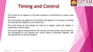 26 December 2023 Department of CSE, GST Course Code and Course Title: CSEN2011: COMPUTER ORGANIZATION AND ARCHITECTURE
Timing and Control
• The timing for all registers in the basic computer is controlled by a master clock
generator.
• The clock pulses are applied to all flip-flops and registers in the system, including
the flip-flops and registers in the control unit.
• The clock pulses do not change the state of a register unless the register is
enabled by a control signal.
• The control signals are generated in the control unit and provide control inputs for
the multiplexers in the common bus, control inputs in processor registers, and
microoperations for the accumulator.
 