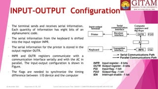 26 December 2023 Department of CSE, GST Course Code and Course Title: CSEN2011: COMPUTER ORGANIZATION AND ARCHITECTURE
INPUT-OUTPUT Configuration
• The terminal sends and receives serial information.
Each quantity of information has eight bits of an
alphanumeric code.
• The serial information from the keyboard is shifted
into the input register INPR.
• The serial information for the printer is stored in the
output register OUTR.
• INPR and OUTR registers communicate with a
communication interface serially and with the AC in
parallel. The input-output configuration is shown in
Figure.
• The flags are needed to synchronize the timing
difference between I/O device and the computer
 