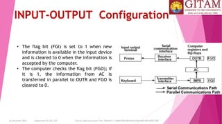 26 December 2023 Department of CSE, GST Course Code and Course Title: CSEN2011: COMPUTER ORGANIZATION AND ARCHITECTURE
INPUT-OUTPUT Configuration
• The flag bit (FGI) is set to 1 when new
information is available in the input device
and is cleared to 0 when the information is
accepted by the computer.
• The computer checks the flag bit (FGO); if
it is 1, the information from AC is
transferred in parallel to OUTR and FGO is
cleared to 0.
 