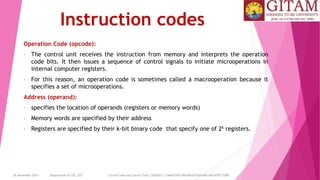 26 December 2023 Department of CSE, GST Course Code and Course Title: CSEN2011: COMPUTER ORGANIZATION AND ARCHITECTURE
Instruction codes
Operation Code (opcode):
• The control unit receives the instruction from memory and interprets the operation
code bits. It then issues a sequence of control signals to initiate microoperations in
internal computer registers.
• For this reason, an operation code is sometimes called a macrooperation because it
specifies a set of microoperations.
Address (operand):
• specifies the location of operands (registers or memory words)
• Memory words are specified by their address
• Registers are specified by their k-bit binary code that specify one of 2k registers.
 