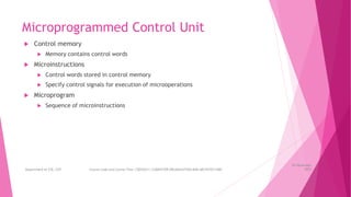 Department of CSE, GST Course Code and Course Title: CSEN2011: COMPUTER ORGANIZATION AND ARCHITECTURE
Microprogrammed Control Unit
 Control memory
 Memory contains control words
 Microinstructions
 Control words stored in control memory
 Specify control signals for execution of microoperations
 Microprogram
 Sequence of microinstructions
26 December
2023
 