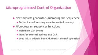 Microprogrammed Control Organization
 Next address generator (microprogram sequencer)
 Determines address sequence for control memory
 Microprogram sequencer functions
 Increment CAR by one
 Transfer external address into CAR
 Load initial address into CAR to start control operations
26 December
2023
Department of CSE, GST Course Code and Course Title: CSEN2011: COMPUTER ORGANIZATION AND ARCHITECTURE
 