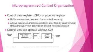 Microprogrammed Control Organization
 Control data register (CDR)- or pipeline register
 Holds microinstruction read from control memory
 Allows execution of microoperations specified by control word
simultaneously with generation of next microinstruction
 Control unit can operate without CDR
Control
word
Next Address
Generator
(sequencer)
CAR
Control
Memory
(ROM)
External
input
26 December
2023
Department of CSE, GST Course Code and Course Title: CSEN2011: COMPUTER ORGANIZATION AND ARCHITECTURE
 