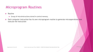Microprogram Routines
 Routine
 Group of microinstructions stored in control memory
 Each computer instruction has its own microprogram routine to generate microoperations that
execute the instruction
26 December
2023
Department of CSE, GST Course Code and Course Title: CSEN2011: COMPUTER ORGANIZATION AND ARCHITECTURE
 