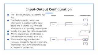Input-Output Configuration
● The 1-bit input flag FGI is a control flip-
flop.
● The flag bit is set to 1 when new
information is available in the input
device and is cleared to 0 when the
information is accepted by the computer.
● Initially, the input flag FGI is cleared to 0.
● When a key is struck, an 8-bit code is
shifted into INPR and FGI is set to 1.
● When another key is striked, the
computer checks the flag bit; if it is 1, the
information from INPR is transferred to
AC and FGI is cleared to 0.
 