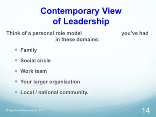 Contemporary View
of Leadership
Think of a personal role model you’ve had
in these domains:
 Family
 Social circle
 Work team
 Your larger organization
 Local / national community.
© Signature Resources Inc. 2015
14
 