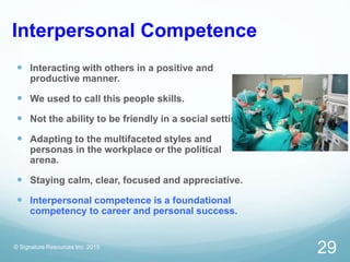 Interpersonal Competence
 Interacting with others in a positive and
productive manner.
 We used to call this people skills.
 Not the ability to be friendly in a social setting.
 Adapting to the multifaceted styles and
personas in the workplace or the political
arena.
 Staying calm, clear, focused and appreciative.
 Interpersonal competence is a foundational
competency to career and personal success.
© Signature Resources Inc. 2015
29
 