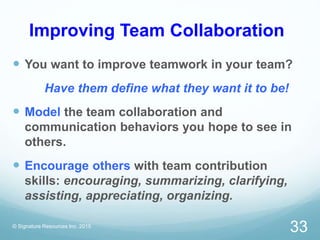Improving Team Collaboration
 You want to improve teamwork in your team?
Have them define what they want it to be!
 Model the team collaboration and
communication behaviors you hope to see in
others.
 Encourage others with team contribution
skills: encouraging, summarizing, clarifying,
assisting, appreciating, organizing.
© Signature Resources Inc. 2015
33
 